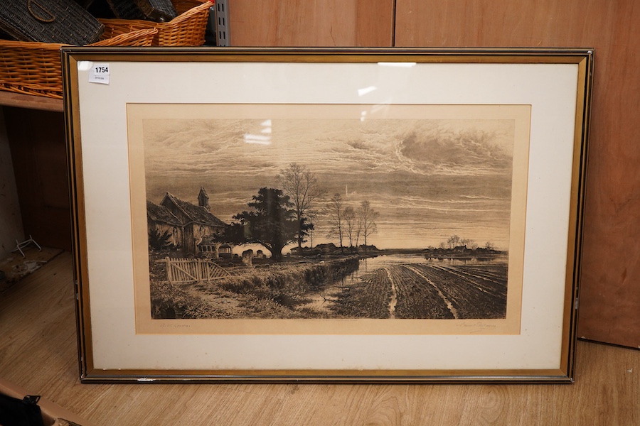 After Benjamin Williams Leader (1831-1923), Riverscape, Victorian print, together with two other prints, 48 x 81cm